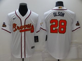 Men's Atlanta Braves #28 Matt Olson 2022 White Gold World Series Champions Program Cool Base Stitched Baseball Jersey