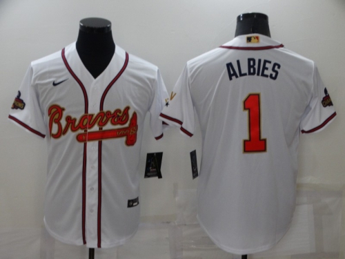 Men's Atlanta Braves #1 Ozzie Albies 2022 White Gold World Series Champions Program Cool Base Stitched Baseball Jersey