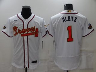 Men's Atlanta Braves #1 Ozzie Albies 2022 White Gold World Series Champions Program Flex Base Stitched Baseball Jersey