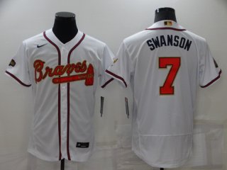 Men's Atlanta Braves#7 Dansby Swanson 2022 White Gold World Series Champions Program Flex Base Stitched Baseball Jersey