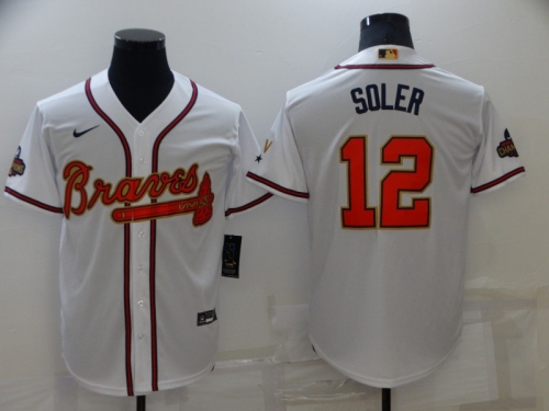 Men's Atlanta Braves #12 Jorge Soler 2022 White Gold World Series Champions Program Cool Base Stitched Baseball Jersey