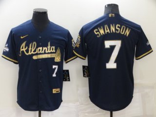 Men's Atlanta Braves #7 Dansby Swanson Navy Blue 2021 World Series Champions Golden Edition Stitched Cool Base Nike Jersey