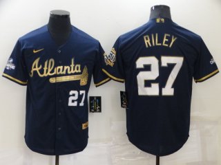 Men's Atlanta Braves #27 Austin Riley 2022 Navy Blue 2021 World Series Champions Golden Edition Stitched Cool Base Nike Jersey