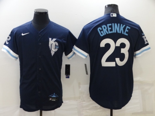 Men's Kansas City Royals #23 Zack Greinke 2022 Navy Blue City Connect Cool Base Stitched Jersey