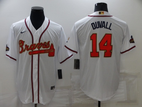 Men's Atlanta Braves #14 Adam Duvall 2022 White Gold World Series Champions Program Cool Base Stitched Jersey