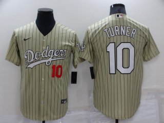 Men's Los Angeles Dodgers #10 Justin Turner Cream Pinstripe Stitched MLB Cool Base Nike Jersey