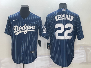 Men's Los Angeles Dodgers #22 Clayton Kershaw Navy Blue Pinstripe Stitched MLB Cool Base Nike Jersey