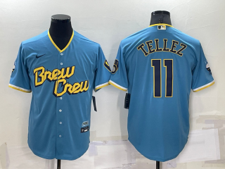 Men's Milwaukee Brewers #11 Rowdy Tellez Blue 2022 City Connect Cool Base Stitched Jersey