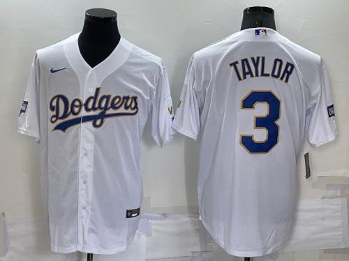 Men's Los Angeles Dodgers #3 Chris Taylor White Gold Championship Stitched MLB Cool Base Nike Jersey