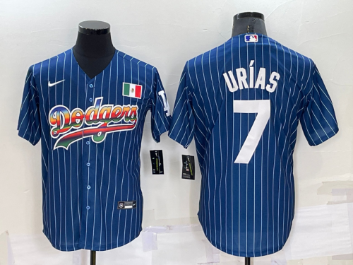 Men's Los Angeles Dodgers #7 Julio Urias Rainbow Navy Blue Pinstripe Mexico Cool Base Nike Jersey