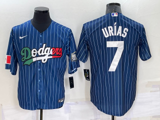 Men's Los Angeles Dodgers #7 Julio Urias Navy Blue Pinstripe 2020 World Series Cool Base Nike Jersey