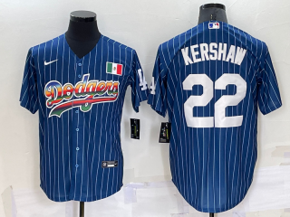 Men's Los Angeles Dodgers #22 Clayton Kershaw Rainbow Blue Red Pinstripe Mexico Cool Base Nike Jersey