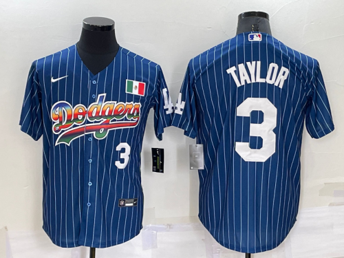 Men's Los Angeles Dodgers #3 Chris Taylor Number Rainbow Blue Red Pinstripe Mexico Cool Base Nike Jersey