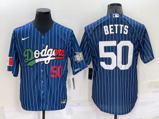 Mens Los Angeles Dodgers #50 Mookie Betts Number Navy Blue Pinstripe 2020 World Series Cool Base Nike Jersey