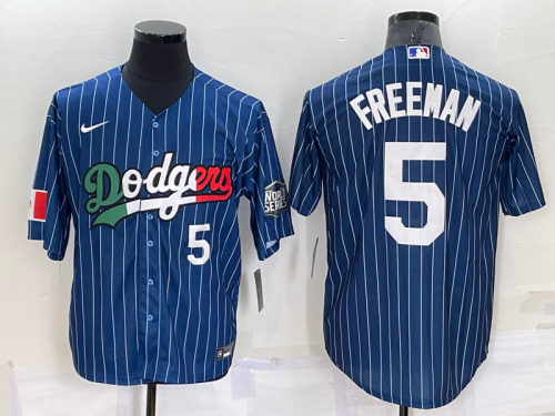 Men's Los Angeles Dodgers #5 Freddie Freeman Number Navy Blue Pinstripe 2020 World Series Cool Base Nike Jersey