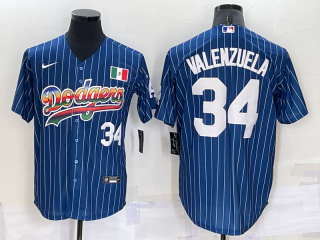 Men's Los Angeles Dodgers #34 Fernando Valenzuela Number Rainbow Blue Red Pinstripe Mexico Cool Base Nike Jersey