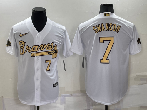 Men's Atlanta Braves #7 Dansby Swanson Number White 2022 All Star Stitched Cool Base Nike Jersey