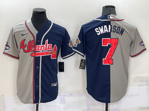 Men's Atlanta Braves #7 Dansby Swanson Grey Navy Blue Two Tone Stitched Nike Jersey