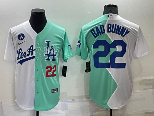 Men's Los Angeles Dodgers #22 Bad Bunny White Green Number 2022 Celebrity Softball Game Cool Base Jersey