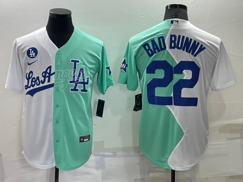 Men's Los Angeles Dodgers #22 Bad Bunny White Green Two Tone 2022 Celebrity Softball Game Cool Base Jersey