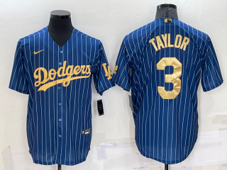 Men's Los Angeles Dodgers #3 Chris Taylor Navy Blue Gold Pinstripe Stitched MLB Cool Base Nike Jersey