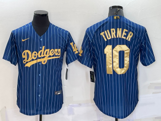 Men's Los Angeles Dodgers #10 Justin Turner Navy Blue Gold Pinstripe Stitched MLB Cool Base Nike Jersey