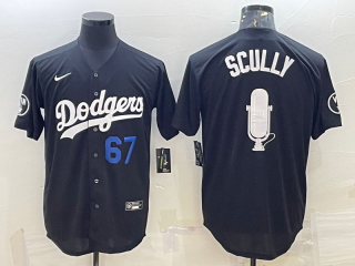 Men's Los Angeles Dodgers #67 Vin Scully Black Blue Big Logo With Vin Scully Patch Stitched Jersey