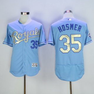 Men's Kansas City Royals #35 Eric Hosmer Light Blue 2015 World Series Champions Gold Program FlexBase Jersey