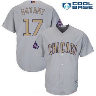 Men's Chicago Cubs #17 Kris Bryant Gray World Series Champions Gold Stitched MLB Majestic 2017 Cool Base Jersey