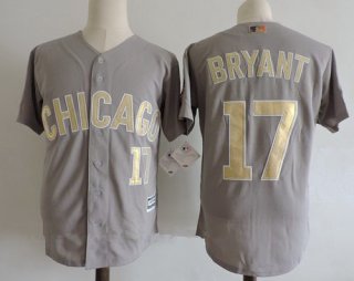 Men's Chicago Cubs #17 Kris Bryant Gray Gold with White Edge World Series Champions Stitched MLB Majestic 2017 Flex Base Jersey