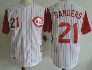 Mitchell And Ness 1997 Reds #21 Reggie Sanders White Strip Throwback Stitched MLB Jersey