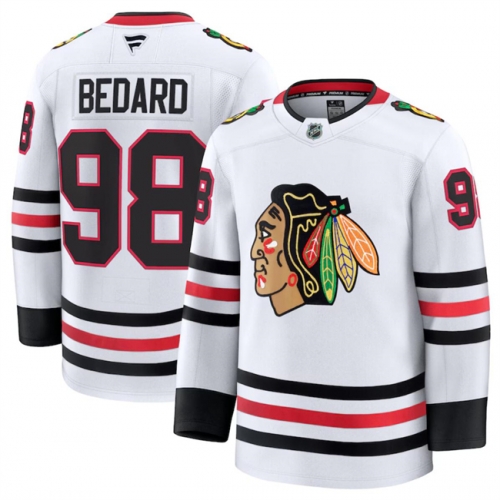 Men's Chicago Blackhawks #98 Connor Bedard White 2024-25 Away Stitched Hockey Jersey