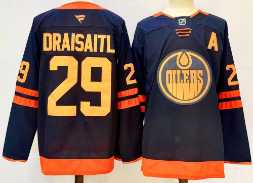 Men's Edmonton Oilers #29 Leon Draisaitl Navy 2024-25 A Patch Stitched Jersey