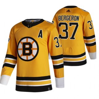 Boston Bruins #37 Patrice Bergeron Yellow Men's Adidas 2020-21 Reverse Retro Alternate NHL Jersey