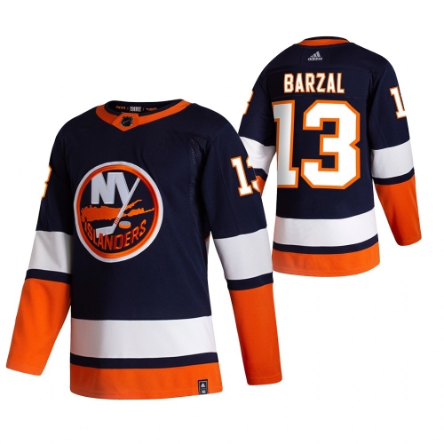 New York Islanders #13 Mathew Barzal Navy Blue Men's Adidas 2020-21 Reverse Retro Alternate NHL Jersey