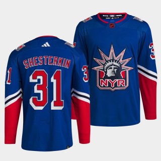 Men's New York Rangers #31 Igor Shesterkin Blue 2022 Reverse Retro Stitched Jersey