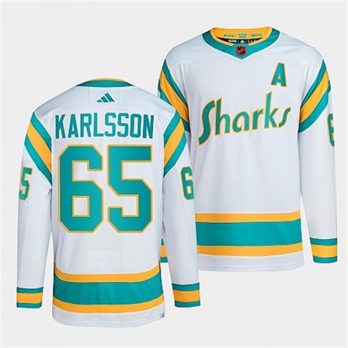 Men's San Jose Sharks #65 Erik Karlsson White 2022 Reverse Retro Stitched Jersey