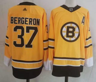 Men's Boston Bruins #37 Patrice Bergeron Yellow Adidas 2020-21 Stitched NHL Jersey