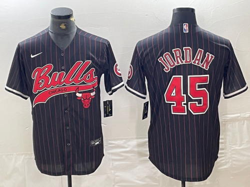 Men's Chicago Bulls #45 Michael Jordan Black Pinstripe Cool Base Stitched Baseball Jersey