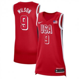 Women's USA Basketball #9 A'ja Wilson Red 2024 Swingman Stitched Jersey