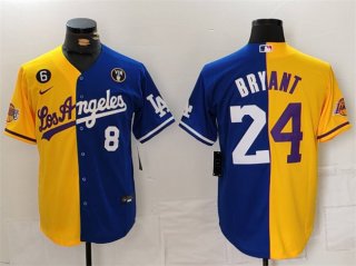 Men's Los Angeles Lakers & Dodgers Front #8 Back #24 Kobe Bryant Gold Blue Split With Patch Stitched Jersey