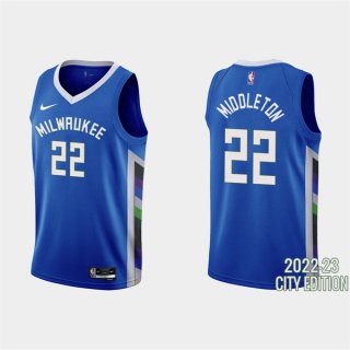 Men's Milwaukee Bucks #22 Khris Middleton 2022-23 City Edition Blue Stitched Basketball Jersey