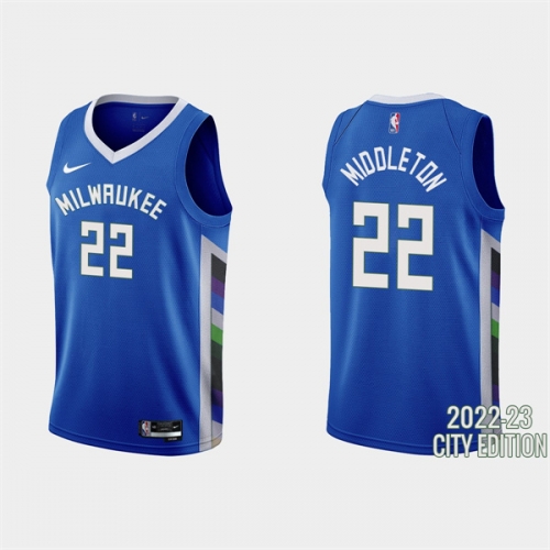 Men's Milwaukee Bucks #22 Khris Middleton 2022-23 City Edition Blue Stitched Basketball Jersey