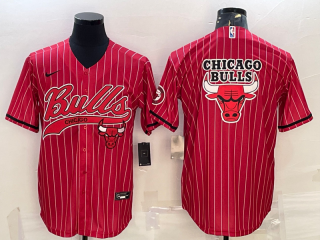 Men's Chicago Bulls Blank Red Pinstripe Team Big Logo With Patch Cool Base Stitched Baseball Jersey