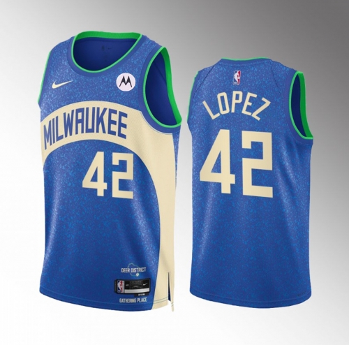 Men's Milwaukee Bucks #42 Robin Lopez Blue 2023-24 City Edition Stitched Basketball Jersey