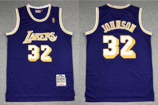 Men's Los Angeles Lakers #32 Magic Johnson Purple Gold NBA Hardwood Classics Soul Swingman Throwback Jersey