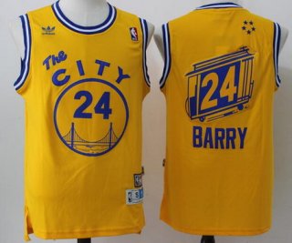 Men's Golden State Warriors #24 Rick Barry Yellow Hardwood Classics Soul Swingman Throwback The City Jersey