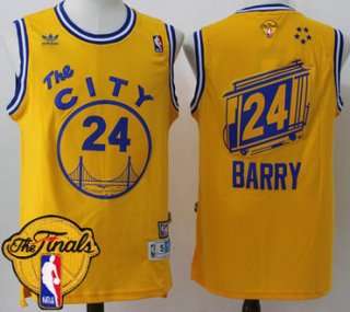 Men's Warriors #24 Rick Barry Gold Throwback The City 2017 The Finals Patch Stitched NBA Jersey