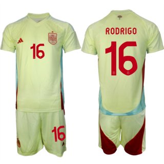 Men's Spain Team #16 Rodrigo 2024-25 Yellow Away Soccer Jersey Suit