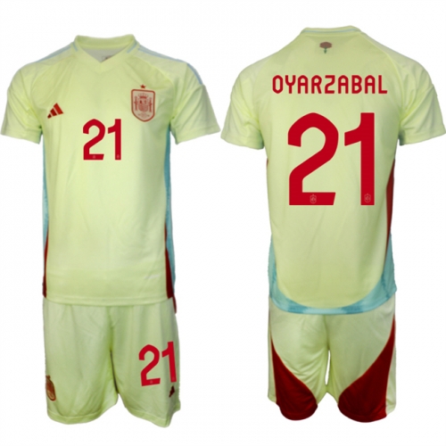 Men's Spain Team #21 Mikel Oyarzabal 2024-25 Yellow Away Soccer Jersey Suit